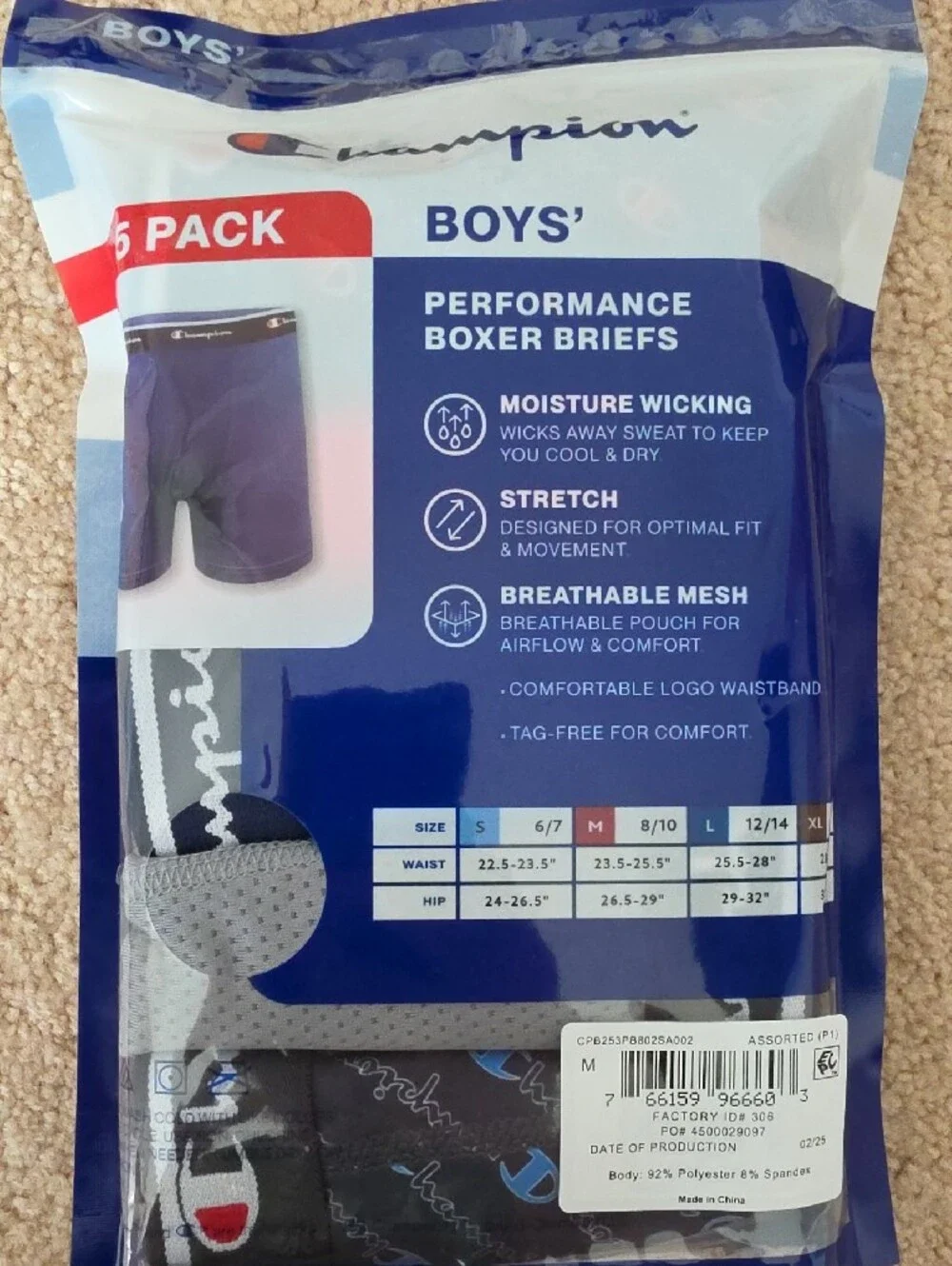 Champion Boys' 5-Pack Performance Boxer Briefs - Gray, Blue, Black